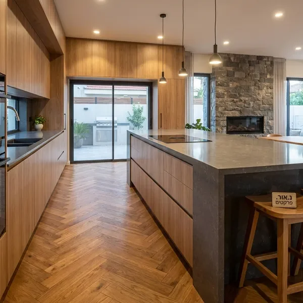 מטבח עץ חם עם אבן טבעית