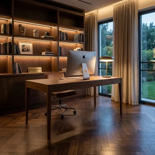 חדר עבודה אלגנטי עם פרקט כהה